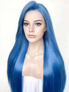 13x4 Elegant 26 Inch Blue Lace Front Wig, Synthetic Lace Front Wig With Pre-Plucked Hairline, Heat Resistant Fiber Hair, Silky Straight Wig For Women, Cosplay, Party, Daily Use - Baby Blue - View 6