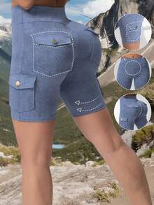 Women's Multi-Pocket Washed Cargo Shorts, Flattering & Slimming - Dusty Blue - View 1