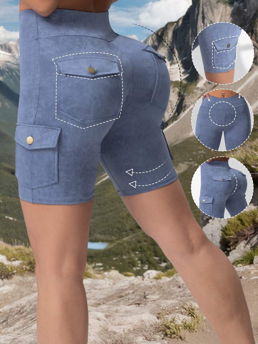 Women's Multi-Pocket Washed Cargo Shorts, Flattering & Slimming - Dusty Blue - View 1