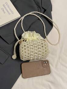 1 pieza Bolso de mano lindo con cordón de cierre de perlas para niñas, bolso cruzado con cuentas blancas, adecuado para primavera/verano - Blanco - Ver 9