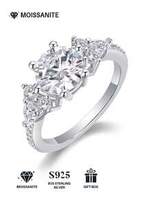 925纯银莫桑石戒指，低过敏性，订婚/结婚戒指，简约设计，百搭日常佩戴，情人节、生日、婚礼礼物佳选，附赠礼盒和证书 - 銀色 - 查看 2