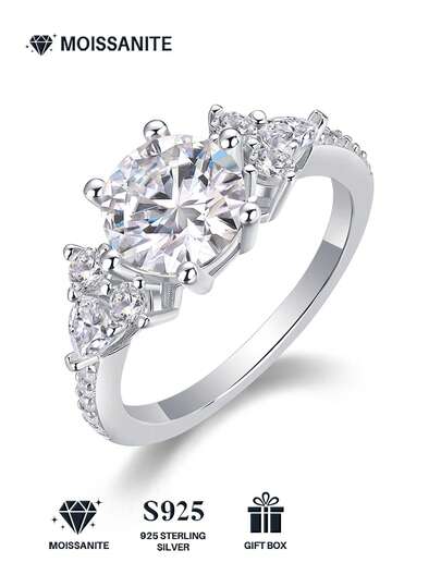 925纯银莫桑石戒指，低过敏性，订婚/结婚戒指，简约设计，百搭日常佩戴，情人节、生日、婚礼礼物佳选，附赠礼盒和证书