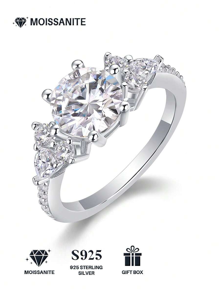 925纯银莫桑石戒指，低过敏性，订婚/结婚戒指，简约设计，百搭日常佩戴，情人节、生日、婚礼礼物佳选，附赠礼盒和证书