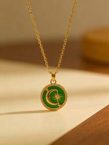 MECYLIFE 1pc Middle Eastern Eid Festival Jewelry, Women's Personalized Star & Moon Necklace With Green Round Pendant - Yellow Gold - View 7