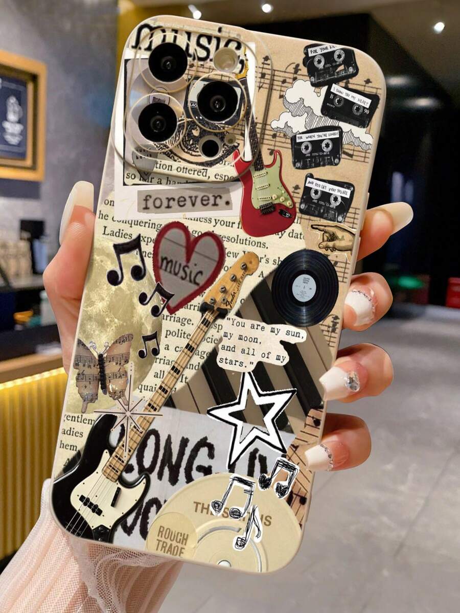 音乐图案镂空米色极简时尚创意防震手机壳，兼容 17/17 Pro/17 Pro Max/16/11/16 Pro/16 Plus/16 Pro Max/16e/15 Pro Max/13/14/12/XS/XR/7G/8P、Galaxy 11/12 Pro/12/12X/13 Pro/14 Pro/15 Pro/X3 Pro、10/9/Note 9/12C/Note 11 Pro/Note 8 Pro/9C/9A，国际版，非国内版 - 彩色 - 查看 1