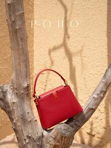 POHO品牌定制V字形中号手提包，优雅经典时尚 - 红色 - 字母V - 紅色 - 查看 3