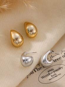 Juego de 6-12 piezas de pendientes de gota y en forma de C de moda, ligeros, pendientes gruesos con textura en forma de aro C, adecuados para uso diario de mujeres, regalo para días festivos - oro+plata - Ver 7