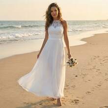 YUMIBRAVO Romantic Lace Wedding Dress, Off-Shoulder Bridal Gown, Hollow-Out Wedding Dress, Ladies White Dress, Ladies Long Evening Gown, Ladies Formal Elegant Prom Dress, Ladies Formal Elegant Summer Wedding Party Dress Spring - White - View 4