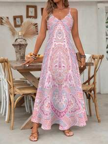 One Pcs Women's White-Based Pink & Blue Paisley All-Over Print V-Neck Spaghetti Strap Maxi Dress, Thin Straps, Retro-Style Dress - 彩色 - 查看 3