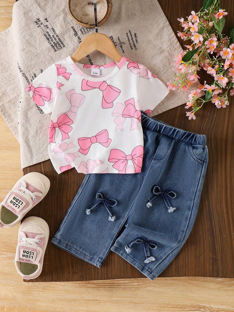 2pcs Baby Girl Casual Fashionable Butterfly Print Short Sleeve T-Shirt Top And 3D Bow Denim Long Pants Set - Pink - View 1