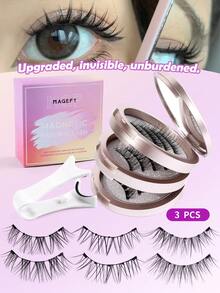 MAGEFY 3对装磁性假睫毛套装，含镜子和睫毛夹，无需胶水，超隐形圆形磁铁，自然卡通猫眼蓬松仿貂毛睫毛，附赠镊子，美妆旅行必备 - 黑色 - 查看 2