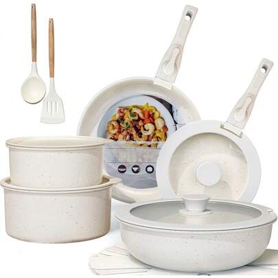 17pcs Versatile Cooking Set-Set-Nonstick Cookware Set Detachable Handle Reduces Storage Needs By 70%(White), Detachable Handles Suitable For Dishwasher (Handles Included), Effortlessly Allows Frying, Stir-Frying, Stewing & Boiling, To Clean And Stylish.