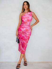 Women's One Shoulder Sleeveless Floral Mesh Ruched Slit Elegant Fitted Wedding Guest Formal Maxi Dress - 玫紅色 - 查看 2
