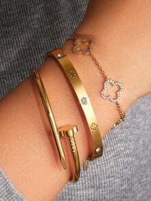 Set de 3 piezas Pulsera con dije de trébol de acero inoxidable, adecuado para uso diario de mujer, regalos de Navidad, regalos festivos - SGS079 - Ver 19