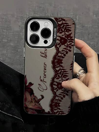 1pc Minimalist Floral Lace Graphic Aesthetic Pattern Black & Silver Phone Case, Compatible With IPhone 16/16Pro/16Plus/16ProMax, 11/11Pro/11ProMax, 12/12Pro/12ProMax, 13/13Pro/13ProMax, 14/14Plus/14Pro/14ProMax, 15/15Pro/15Plus/15ProMax
