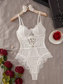 Lace Patchwork Tie-Up Sleeveless Jumpsuit, Summer - White - View 2