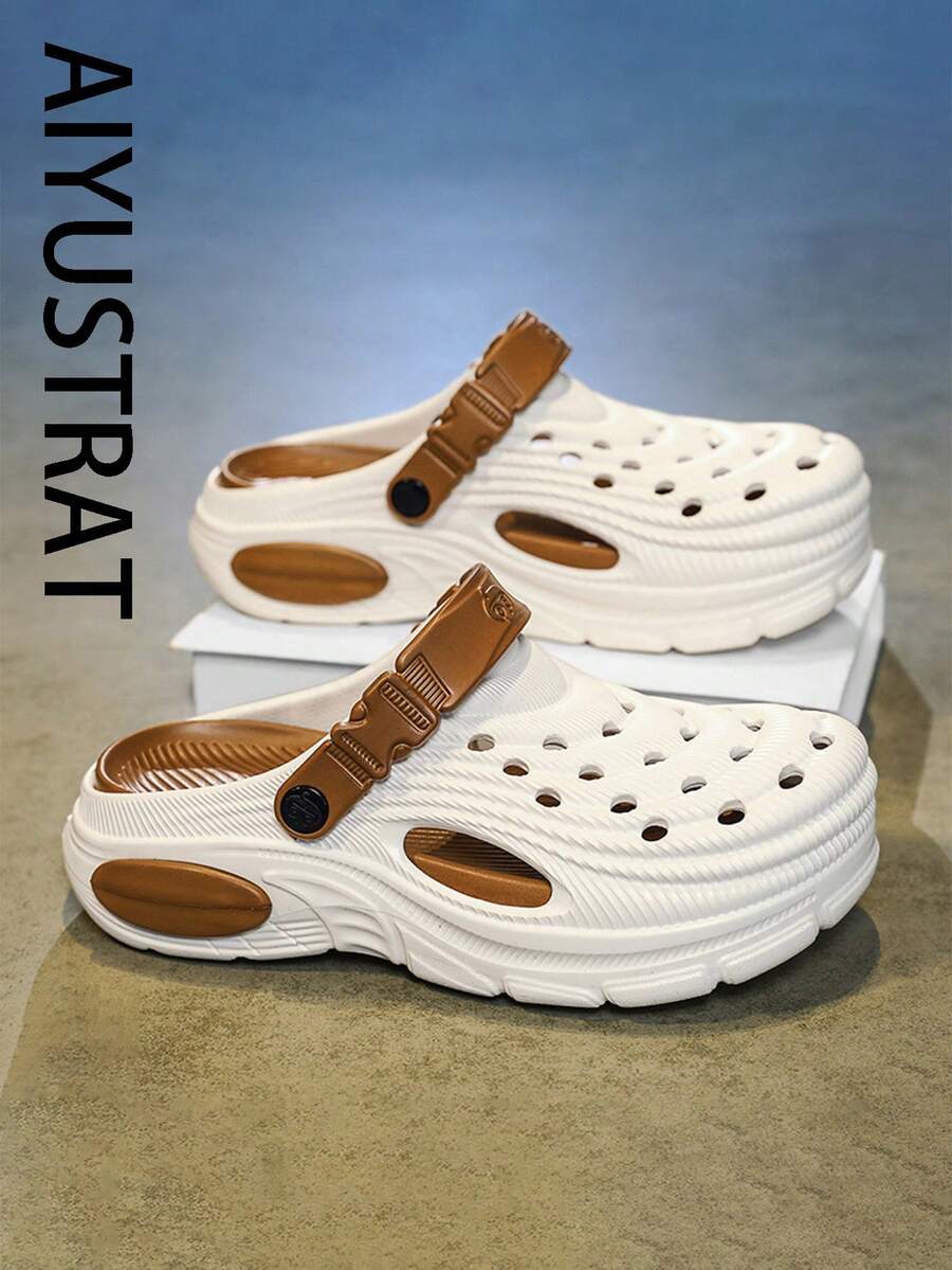 aiyustrat 1双男士轻便舒适镂空防滑花园鞋男士网面夏季凉鞋男士休闲户外防滑厚底沙滩人字拖拖鞋