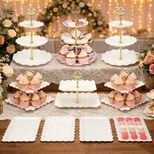 10-Piece Dessert Table Display Stand Set - 6 Multi-Tier Plastic Cake Stands & 4 Cookie Trays | Durable Easy-Clean Serving Set For Tea Parties, Birthdays, Holidays & Gatherings - 金桿白色蛋糕架10件套裝 - 查看 2