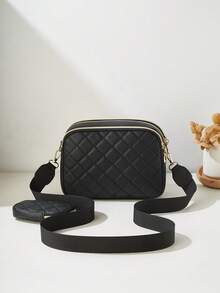 2pcs/Set Fashionable Rhombus Stitching Multilayer Crossbody Shoulder Bag & Charm Bag For Women - Black - View 5