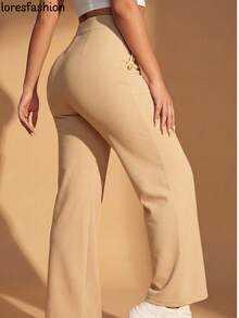 Pantalón de vestir mujer cintura alta pierna ancha stretch crepé casual elegante para oficina reuniones eventos bolsillos pretina elasticada botón forrado antiarrugas sin transparencia suave - Beis - Ver 5
