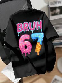 Teenage Boys' Cartoon Ice Cream "67" Print Round Neck T-Shirt, Casual Soft Top For Spring/Summer - Black - View 1