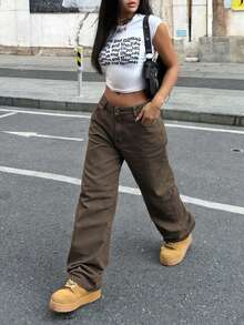 女士休闲浅色水洗阔腿牛仔裤，适合日常穿着，春季款 - 卡其色 - 查看 7