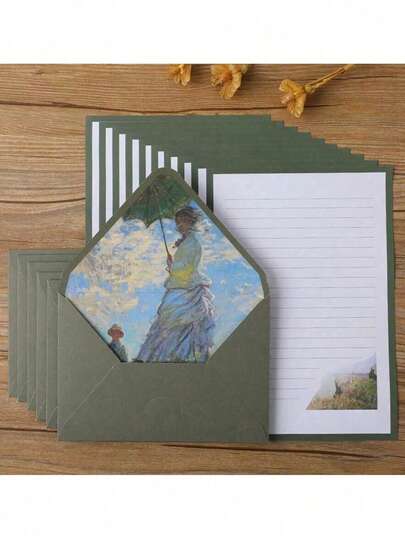 16 Green Set Of Oil Painting Envelopes Containing 6 Envelopes And 10 Pieces Of Writing Stationery For Making Invitations And Greeting Cards Gift Greeting Cards Writing Letters New Year's Gifts