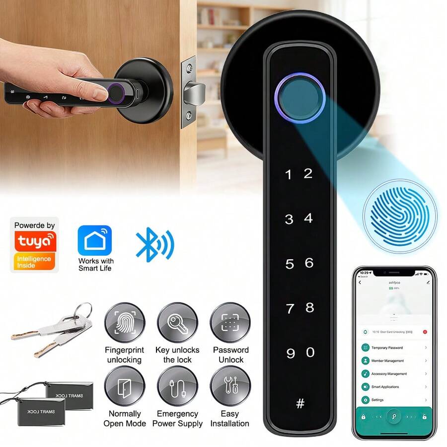 3-In-1 Smart Door Lock With App Control: Keyless Entry Fingerprint Door Handle With Keypad And Physical Keys, Battery-Powered Electronic Deadbolt For Home, Bedroom, Apartment, And Office (Black) - màu đen - Xem 1