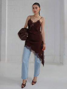 Sexy Satin Sling Dress Lace Spliced V Neck Backless Asymmetric Short Dresses Chic Beach Party Lady Evening Dress - Brown - View 5