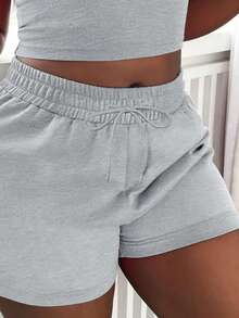 3pcs Women Elastic Waist Casual Shorts, Light Yellow & Light Pink Solid Color, Drawstring, Suitable For Spring, Autumn & Winter, Casual, Vacation, Home Summer - Light Pink/Sports Gray/Light Yellow - View 9