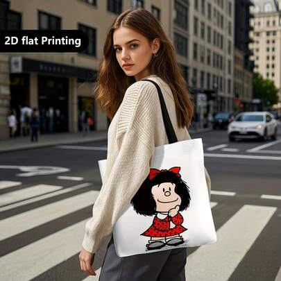 1pc Cute Chibi Face Tote Bag - Large Reusable Foldable Canvas Shopping Bag With Chibi Eyes & Hair Design, Durable For &, For Parties, Travel, Grocery Shopping, Gift Idea