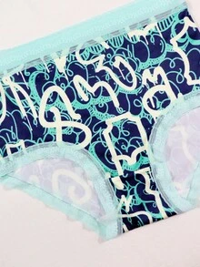 Dircho 6pcs Women's Graffiti Print Panties, Contrast Pink And Mint Green Elastic Waistband, Soft Comfortable Fabric Underwear Set, Featuring Energetic Abstract And Heart Patterns, Breathable And Comfortable For Daily Wear - Multicolor - View 4