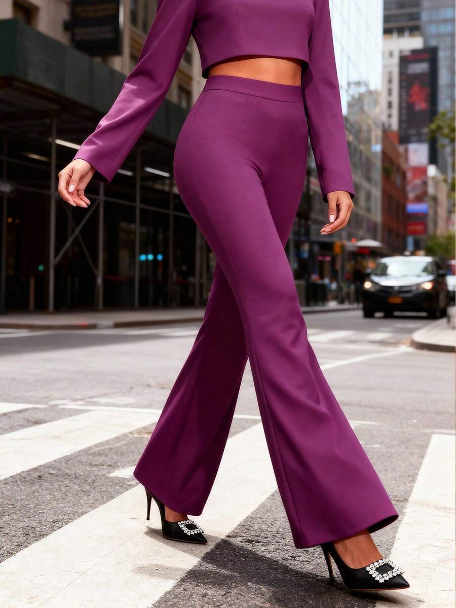 Women's Purple High-Waisted Flare Pants, Slim Fit Flattering Flare Trousers Suitable For Party, Evening, Office Wear Wedding Spring - Purple - View 1