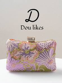 优雅花卉串珠刺绣晚宴手拿包，时尚手提包，配金属链条肩带，适合舞会、婚礼、晚宴、派对等场合，完美搭配女士毕业礼服、亮片礼服和正式优雅连衣裙。 - 紫丁香色 - 查看 9