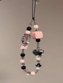 1pc Y2K Cute Pink Checkered Cube Heart Mobile Strap Phone Chains Pearl Chain Phone Pendant Charm Key Anti-Lost Lanyard Jewelry Girl Gift For Women, Pink Phone Charm, - Multicolor - View 5