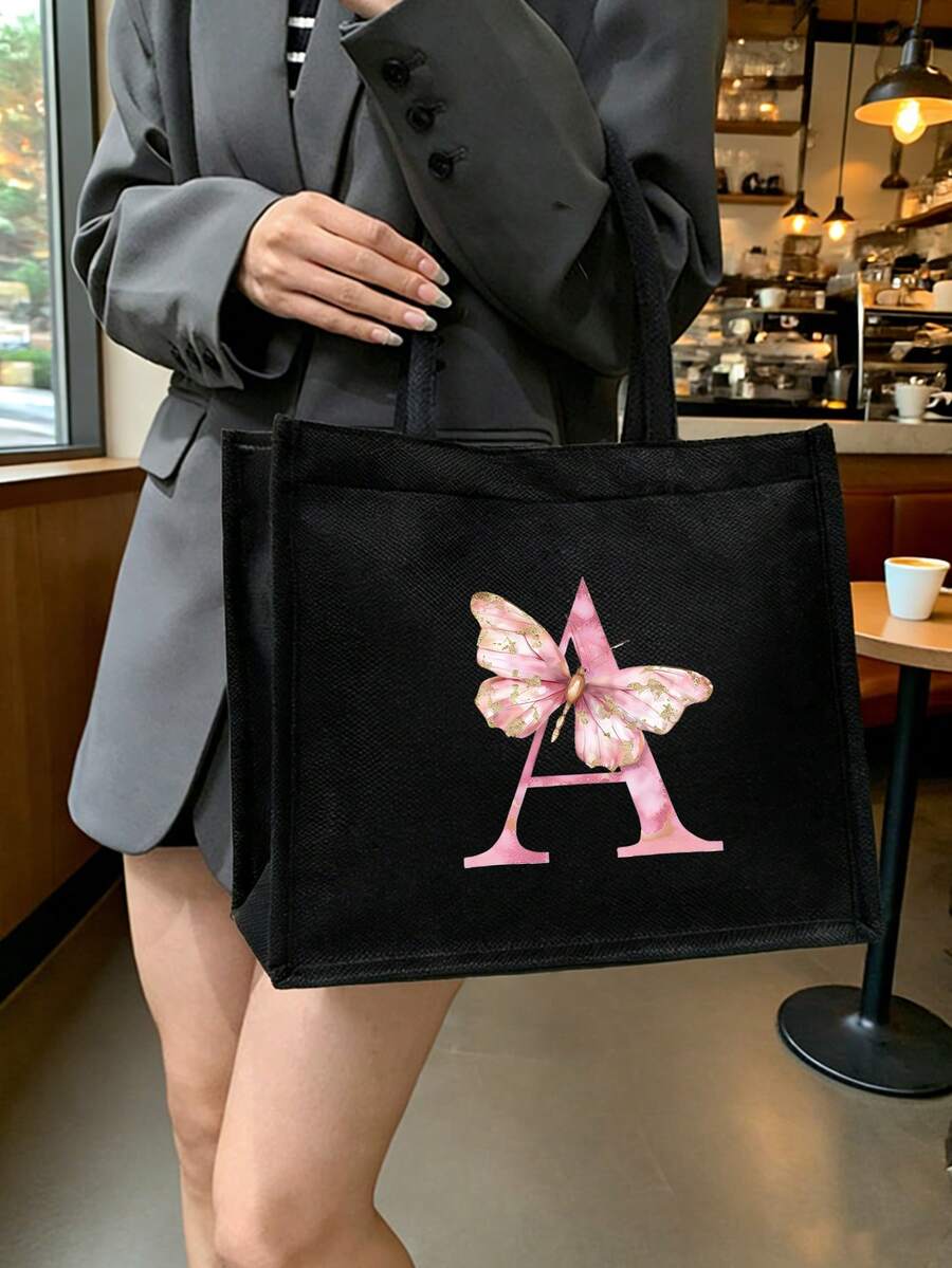 女士大容量手提包,印有粉色蝴蝶和字母A-Z,可折叠耐用,可作购物袋、便携手提包、旅行化妆包、零钱包,适合度假、聚会、购物、工作、通勤等场合,是生日、返校、婚礼、母亲节、复活节的理想礼物,也是春夏必备单品。 - 彩色 - 查看 1