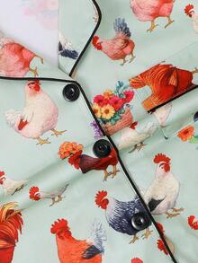 Bộ đồ ngủ mùa hè 2 món thoáng khí tay ngắn, áo tay ngắn cài cúc cổ bẻ và quần đùi cạp chun dành cho nữ, họa tiết gà hoạt hình, dáng rộng thoải mái, phù hợp cho mọi mùa, đồ mặc nhà. - màu xanh lá - Xem 7