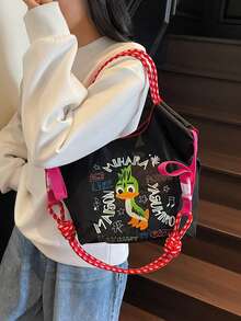 Túi tote thêu họa tiết vịt xanh, túi nylon chống thấm nước, đa năng, phong cách thường ngày. - màu đen - Xem 6
