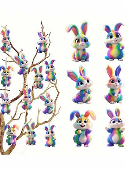 3pcs Colorful Acrylic Rabbit Ornaments, Rainbow Rabbit Hanging Decorations With Various Poses, Cute Rabbit Figures Suitable For Easter And Holiday Decor