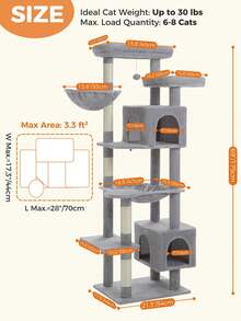 PAWZ Road 69-Inch Large Cat Tree, Gothic Cat Tower For Indoor Large Cats With Super Large Hammock, Tall Cat Climbing Tree Tower With Scratching Posts, Cozy Condo House And Large Top Perch,Grey - 灰色 - 查看 4