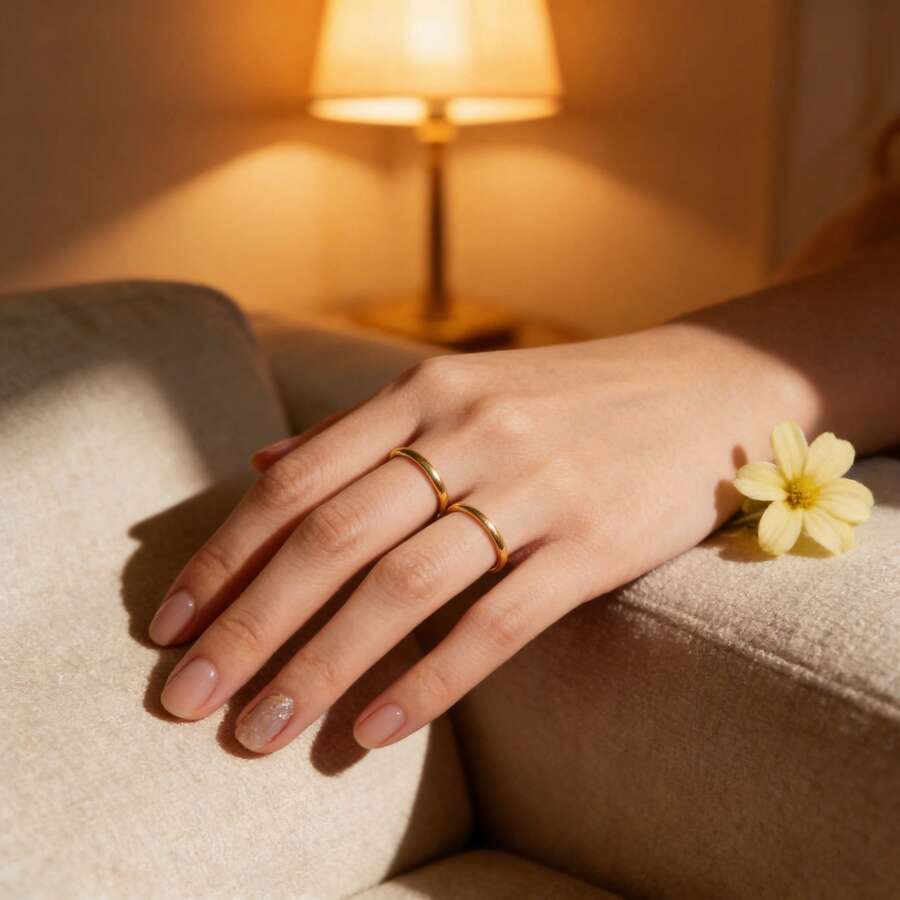 1枚素面不锈钢戒指，2毫米宽，不褪色，可水洗，经典情侣戒指，简约优雅男女通用戒指 - 金色 - 查看 1