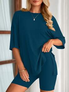 PRETTYGARDEN Women's Summer Clothes 2 Piece Sets Lounge Set Casual Oversized Shirts Biker Shorts Matching Airport Travel Sweatsuit Set Women Vacation Outfit Lake Blue Summer Brunch Outfits For Women - 湖藍色 - 查看 4