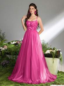 Faeriesty 女士优雅浪漫系带长款正式晚礼服，饰以3D立体花卉图案，适合春季婚礼、花园派对、户外森林庆典、浪漫晚餐和正式肖像摄影派对等场合。 - 玫紅色 - 查看 9