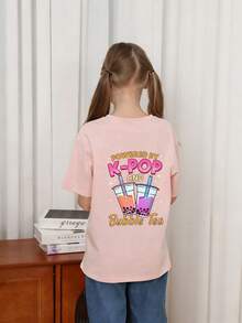 少女“K-POP”波霸奶茶印花T恤，时尚休闲百搭上衣，适合女孩日常休闲穿着 - 粉色 - 查看 2