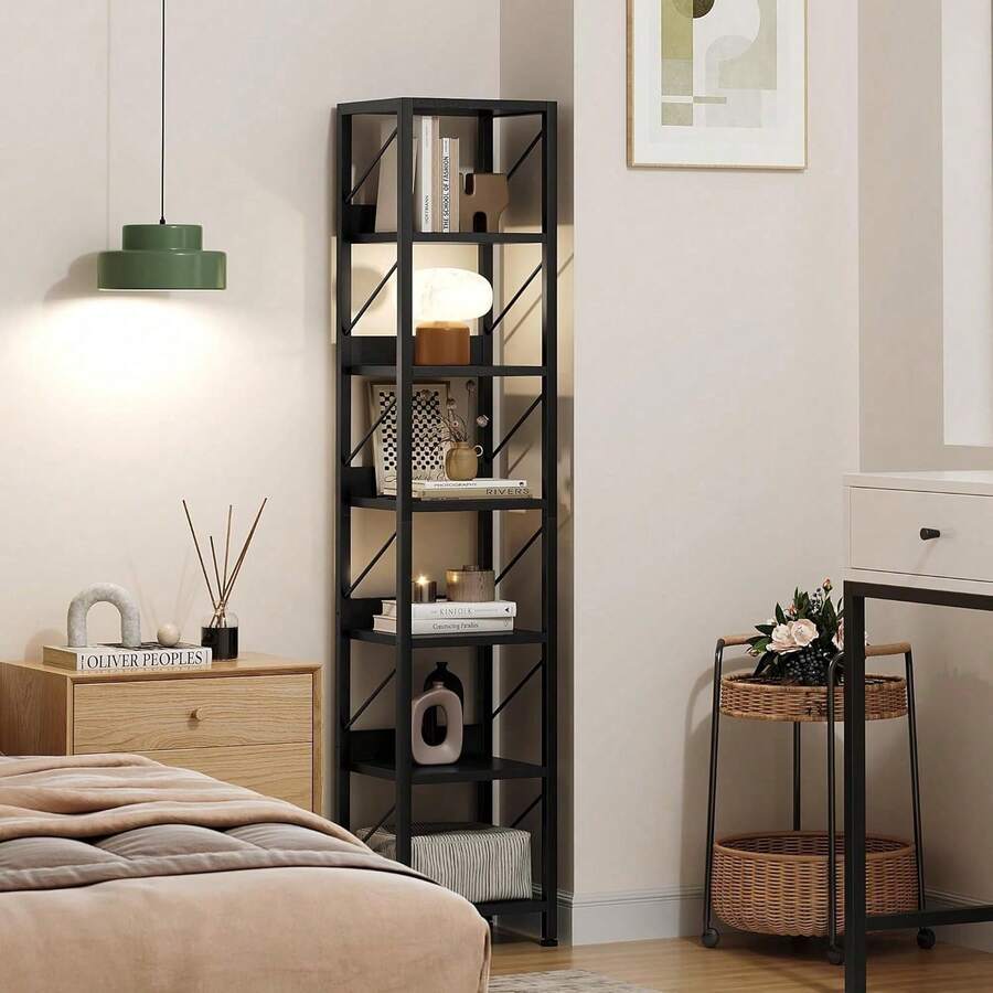 Estante de libros industrial, estantería de marco de metal de 6 niveles, estante de almacenamiento alto delgado para la sala de estar, el dormitorio, la esquina de la oficina del hogar - Negro - Ver 1