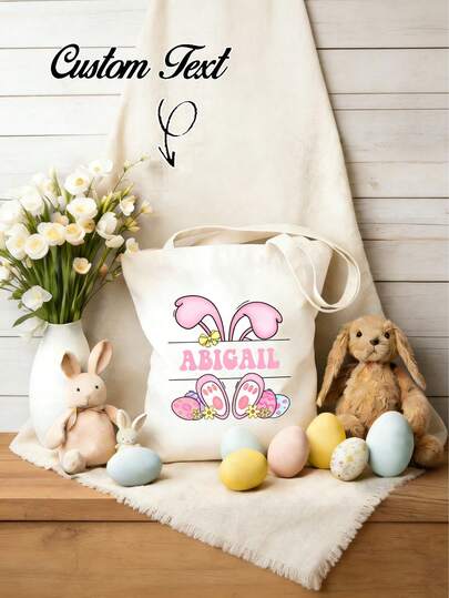 Customizable Easter Canvas Tote Bag, Personalized Rabbit Text Canvas Basket, Easter Gift, Gift For Girlfriend/Boyfriend, Precious Gift, Wedding Gift, Retro, Minimalist, Fashion, Decorative, Personalized, Gift Purpose, Mother's Day Gift, Give Her A Special Gift, Sisters, Girlfriend, Family, Best Friend, Sister-In-Law, Gift For Relatives, Holiday Gift, Easter Gift