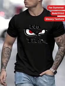 Camiseta para Hombre 'Fearless' con Estampado de Demonio - Negro Lavado. Manga corta con cuello redondo. Ropa casual de verano. Estilo Regular. Conjunto Casual - Camiseta con Estampado Atrevido y Textura Brillante - Negro - Ver 7