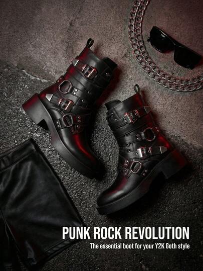 Bello Star Women's Thick Sole Motorcycle Ankle Boots, Metal Buckle Decor, Zipper Design, Versatile Urban Streetwear