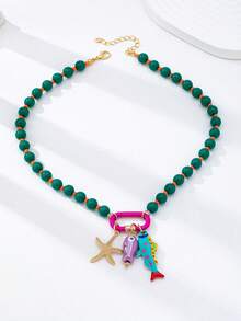 1pc Summer Beach Style Multi-Layer Beaded Necklace With Colorful Fish & Starfish Pendants, Bohemian Jewelry Suitable For Vacation And Beach Parties - Multicolor - View 3