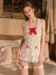Women V Neck Sleeveless Sheer Pleated Cosplay Mini Maid Dress With Lace Up Bow Details Includes: A Dress, A Bracelet And A Leg Ring. - White - View 13